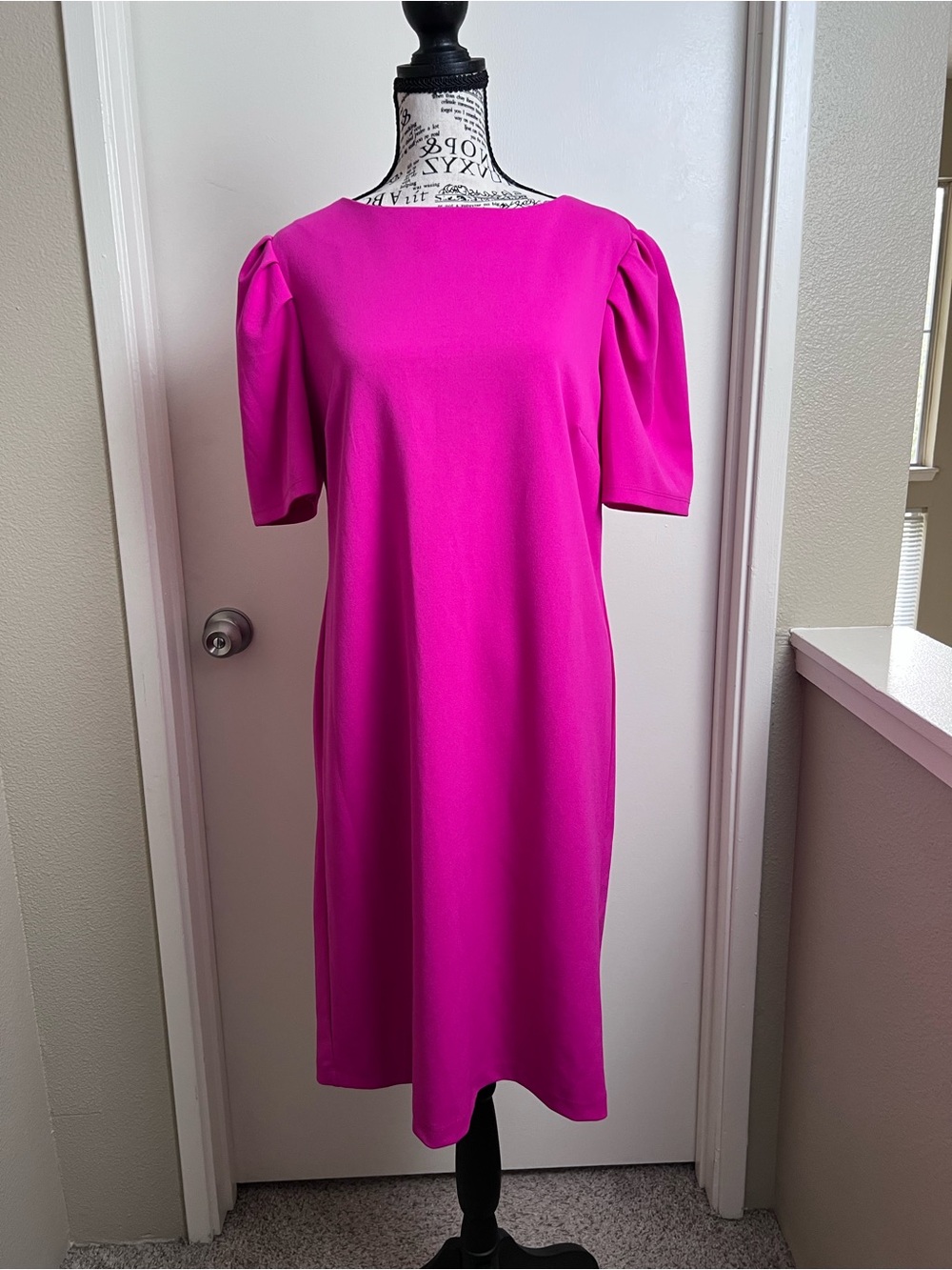 Liz Claiborne Pink Puff Sleeve Convertible Zip Neck Sheath Midi Dress Size 8